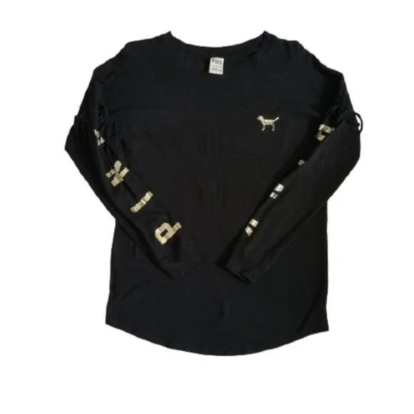 Womens/Juniors VS PINK Black Bling Long Sleeve Shirt Oversized XSmall - Picture 1 of 5